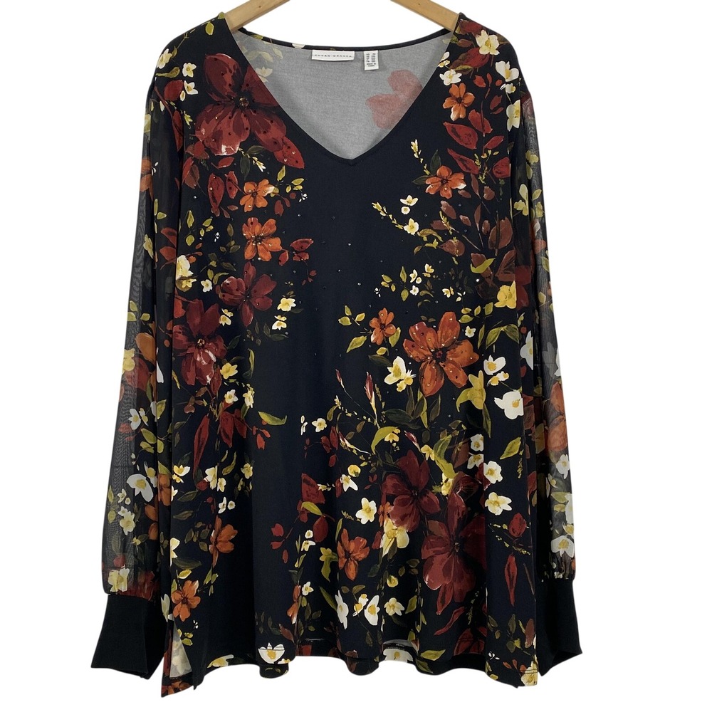 Susan Graver Blouse Womens 2X Floral LongSleeve Sheer Cuff Rhinestone Top Travel